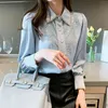 Koreańskie jedwabne koszule satynowe bluzki z długim rękawem kobieta haft koronki bluzka Peter Pan Floral 210427