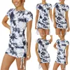 Frauen Kleider Sommer Seite Plissee Kurzarm Kleid Damen Rundhals Urlaub Strand Casual Dünnes Kleid Frauen Kleidung X0521