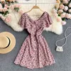 Letnia Vestidos de Mujer Robe Ruffles Butterfly Rękaw Kwiatowy Dress Slim Vintage Suknie Dla Kobiet 210519