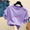 harajuku T-shirts for Women Summer new Solid Color cute t shirt Korean Loose Casual Ruffles Short Sleeve Simple tshirt white top Y0629