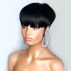 Curto Bob Reto Pixie Cut Nenhum Renda Frente Cabelo Humano Preto/Ombre Loiro Marrom Peruca Com Franja Para Mulheres