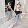 Sommer Mädchen Knielange Lässige Drahtmode Chiffon Layered Niedliche Blumennetz Network Sling Sleefontressses Kinderbekleidung X0803