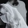 [EAM] Kobiety Szary Białe Nieregularne Ruffles Voile T-shirt Okrągły Neck Krótki Rękaw Moda Wiosna Lato 1DD6625 210512