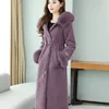 Panie Biurowe Zima Odzież Odzieży Długie Faux Fur Coat Kobiety Maxi Płaszcz Kołnierz Hoody Crovstring Waist Puszysty kurtka 211007