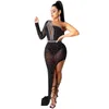 Irregular Dress Women One-Shoulder Long Sleeve Maxi Spring Autumn Sexy Party Night Club See Through Diamond Casual Dresses