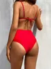 Scava fuori il costume da bagno con imbracatura in metallo sexy da donna 2 pezzi Bikini brasiliano a vita media con lacci rosso per donna Halter 210604