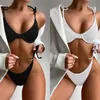 Solid Cor Swimsuit verão Beachwear Mulheres'swimwear V Neck Bathing Terno Micro Thong Sexy Rib Bikini Set Push Up Biquini 210722