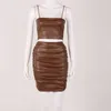 NewAsia Leather Two Piece Skirt Set 2 Layers Corset Top Zipper High Waist Ruched Mini Skirt Brown Women Party Club Matching Sets 210413