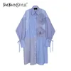 Çizgili patchwork çiçek gömlek elbise kadınlar için yaka uzun kollu rahat gevşek elbiseler kadın moda giyim 210520