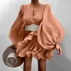 ZANZEA Fashion Party Dress Women French Elegant Solid Short Robe 2021 Autumn Bohemian Ruffle Vestido Female Holiday Mini Dresses Y220214