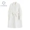 Camisa branca feminina vestido giro colarinho de manga comprida alta cintura magro Escritório coreano senhoras elegantes casuais casuais sets 210417