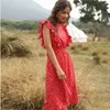 Summer Chiffon Dress Women Butterfly Sleeve Elegant Print Casual Clothing Red A-line Midi Sundresses Women Fashion Vestidos 210422