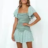 Foridolpolkaドットフレアスリーブボディコンサマードレス女性Ruched Ruffle Party Short Mini Dress Vintage Beach Green Dress Vestido 210415