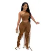 Women Two Piece Pants Sexy Slim Bandage Leather Elastic Irregular Tank Top Solid Lace Up Bodycon Split Long Pant Sets Clubwear