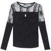 Black Shiny T-shirt women Spring Thin Mesh Lace Embroidery Transparent Sexy Tee Tops Diamonds Long Sleeve Slim T9D802Y 210421