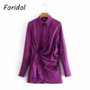 Foridol Shirred Satin Shirtドレス女性長袖レディース短編パーティー紫色のドレスボタンアップ春秋の女性ドレス210415