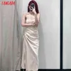 Femmes solide Sexy fête longue robe sangle sans manches mode dame robes plissées Vestido QN96 210416