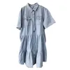 Casual Dresses Vintage Style Women Leisure Short Sleeve Turn Down Collar Pocket Button Knee-length Elasticity Denim Dress