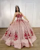 Paillettes à paillettes en tulle rose rose bal de quinceanera robes appliques florales rouges perles sans bretelles corset arrière princesse sweet 16 robe4710760