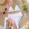 Taille haute Triangle Bikini Femmes 2021 Couleur Patchwork 2 pièces Maillot de bain Summer Beach Split Maillots de bain Sexy Maillot de bain Femme