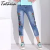 Mujer Kalblänge Hose Sommer Jeans Weibliche Denim Frauen Floral Gestickte Womam Kausale Hohe Taille 210514