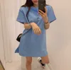 Koreanische Chic Sommer Allgleiches Candy Farbe O Hals Kurzarm Kurze Vordere Rückseite Lange Split T-shirt Kleid Frauen Mini Casual 210610