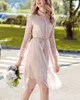 Женщина элегантная розовая кружева поворотный воротник с длинным рукавом вспышки колена длиной сетки платье D0812 210514