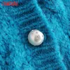 Cappotto da donna in cardigan lavorato a maglia oversize blu decorato con pallina intrecciata da donna 3H459 210416