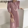 Temperament Spring CHIC Koreański Elegancki Różowy O Neck Pół Rękaw Plisowana sukienka z pasem Luźny Puff Krótki Rękaw Vestidos Mujer 210610