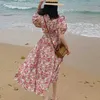 Francuski Vintage Różowy Kwiatowy Dres Casual Elegancki V-Neck Beach Kobieta Klasyczny Koreański Styl Party Midi Lato 210604