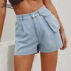 Casual Pockets High Waist Shorts Women Summer Streetwear Button Fly Wash Short Jeans Woman Chic Straight Denim 210510