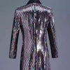 Mens Rainbow Changing Colors Sequin Shawl Collar Long Blazer Jacket Party Stage Singer Host Night Club Suit Blazer Costume Homme 210522