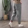 Lente Korea Mode Vrouwen Losse Vintage Ripped Borduurwerk Jeans All-Patched Casual Elastic Taille Denim Harem Broek S646 210512