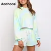 Aachoae Fashion Tie Dye 2 Piece Set Women Batwing Sleeve Loose Hooded Croped Tops Casual Drawstring Shorts Lady Sets Ropa Mujer 210413