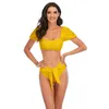 Conjunto sexy feminino linha decote manga bufante cintura alta gravata biquíni split maiô senhora roupa de banho de três pontos feminino biquíni menina verão swimmi zl0498