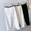 Korean Mom Jeans Women With Belt Spring Autumn Denim Harem Pants Female High Waist Boyfrind White Black 210421
