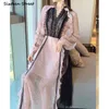 ピンクのスパンコールのドレス女性Vネックレースのパッチワークハイウエストヴェスティド服春秋の優雅なパーティードレス女性210603