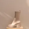 럭셔리 디자이너 여성 하프 부츠 신발 겨울 Chunky Med Heels 일반 스퀘어 발가락 신발 Rainboots Zip 여성 Mid Calf Booty 내마 모성 두꺼운 밑창 부팅