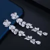 Luxe Blanc Cubique Zircone Magnifique Feuille Fleur Longue Dangle Boucles D'oreilles pour Femmes Mariée Mariage Brincos CZ571 210714