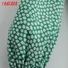 Tangadaフレンチファッション女性緑の花プリントドレスVネックビンテージ長袖レディースミディドレスSY102 210609