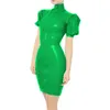 Plus Storlek Sexig High Neck PVC Mini Dress Kvinnor Kort Puff Sleeve Bodycon Dress Fashion Skinny Vestido Wet Look Party Clubwear 210331