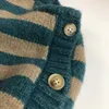 autumn and winter toddler sweater children's pullover single-breasted blue round neck striped cotton cardigan 210701