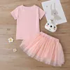 Été enfants ensembles décontracté à manches courtes O cou imprimé lapin T-shirt en mousseline de soie solide dentelle jupe 2 pièces fille vêtements 18M-6T 210629