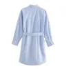 Sommar kvinnor randig skjortor klänning långärmad nedbrytning krage sashes casual es kvinnlig vintage elegant vestidos 210513