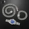 Hip Hop 15 MM 3 pièces KIT montre + collier + Bracelet Bling cristal AAA + glacé strass broches chaînes cubaines pour femmes hommes bijoux