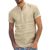 Men kleding heren t shirts baggy katoenen linnen vaste kleur korte mouw retro tops blouse v nek