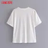 T-shirt da donna in cotone bianco con stampa Tangada per l'estate T-shirt a maniche corte con scollo a V da donna T-shirt casual da donna Top 4D6 210609