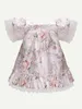 Robe en Satin pour bébé, imprimé Floral, dentelle contrastée, manches bouffantes, ourlet à volants, elle