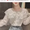 Lady moda branco boneca colarinho camisa de manga longa camisa bordada de crochet de verão fina mulher fina blusa casual tops p009 210527