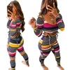 Conjunto de pantalones de dos piezas para mujer, trajes de rayas de colores sexis, camiseta de manga larga de hilo, pantalones, ropa deportiva de moda callejera